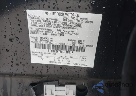 2015 Ford Taurus Sho z USA, uszkodzony, nr VIN 1FAHP2KT3FG148117